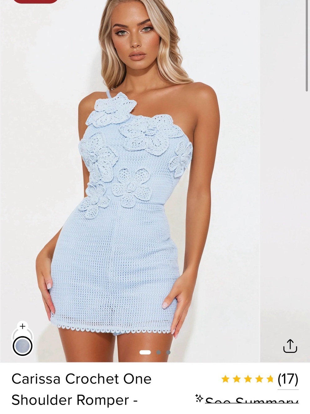 Fashion Nova Crochet One-Shoulder Romper Dress - Light Blue
